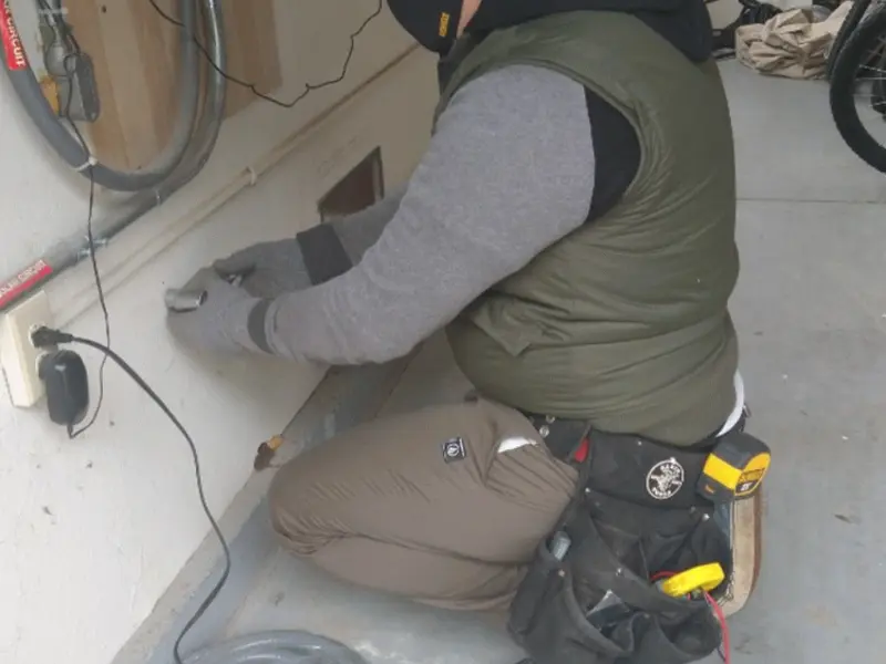Electrician performing outlet wiring in a Elfers garage